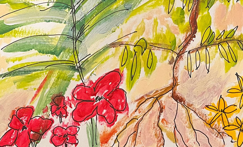 Painted illustration of red and yellow flowers among green foliage, issue artwork for The Scholar & Feminist Online