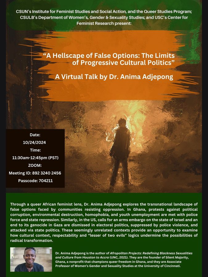 Flyer: &ldquo;A Hellscape of False Options: The Limits of Progressive Cultural Politics&rdquo;, a virtual talk by Dr. Anima Adjepong, 24 October 2024