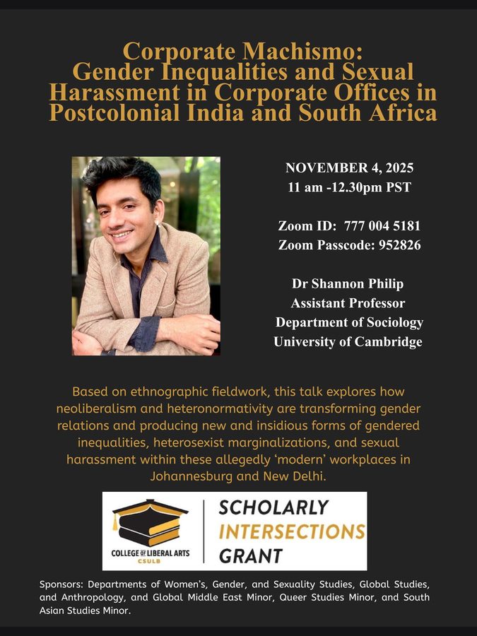 Flyer: &ldquo;Corporate Machismo: Gender Inequalities and Sexual Harassment in Corporate Offices in Postcolonial India and South Africa&rdquo;, a talk by Dr Shannon Philip, University of Cambridge, 4 November 2025