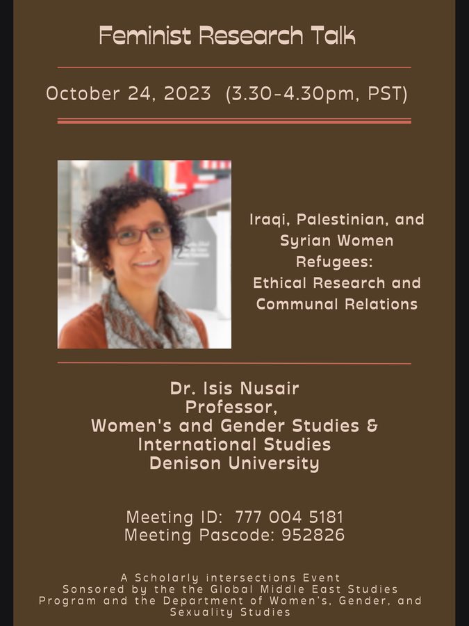 Flyer: feminist research talk &ldquo;Iraqi, Palestinian, and Syrian Women Refugees: Ethical Research and Communal Relations&rdquo; with Dr. Isis Nusair, Denison University, 24 October 2023
