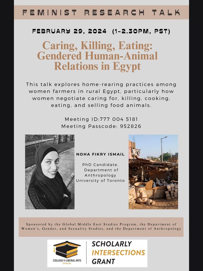 Flyer: feminist research talk &ldquo;Caring, Killing, Eating: Gendered Human-Animal Relations in Egypt&rdquo; with Noha Fikry Ismail, University of Toronto, 29 February 2024