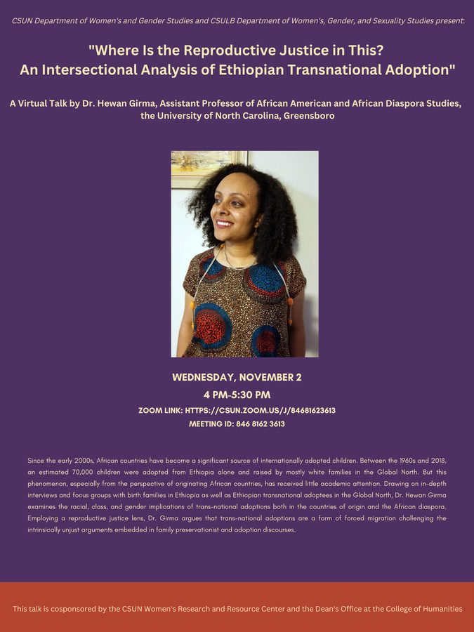 Flyer: &ldquo;Where Is the Reproductive Justice in This? An Intersectional Analysis of Ethiopian Transnational Adoption&rdquo;, a virtual talk by Dr. Hewan Girma, 2 November 2022