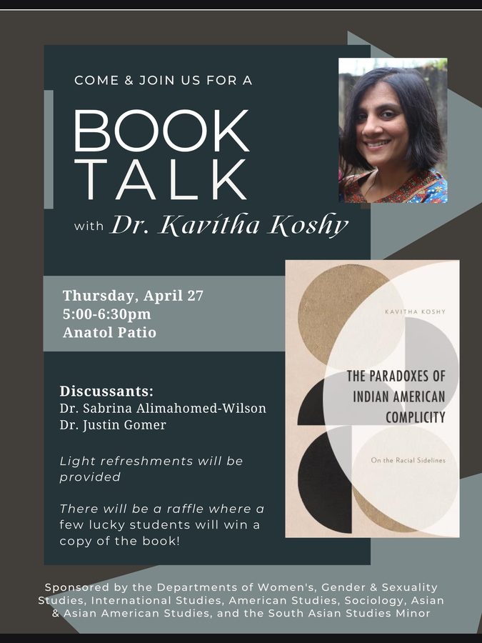 Flyer: book talk on <em>The Paradoxes of Indian American Complicity</em> with Dr. Kavitha Koshy, 27 April 2023