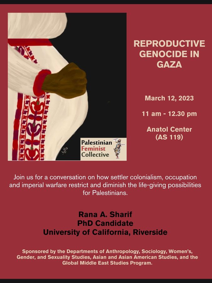 Flyer: &ldquo;Reproductive Genocide in Gaza&rdquo;, a conversation with Rana A. Sharif, UC Riverside, 12 March 2023