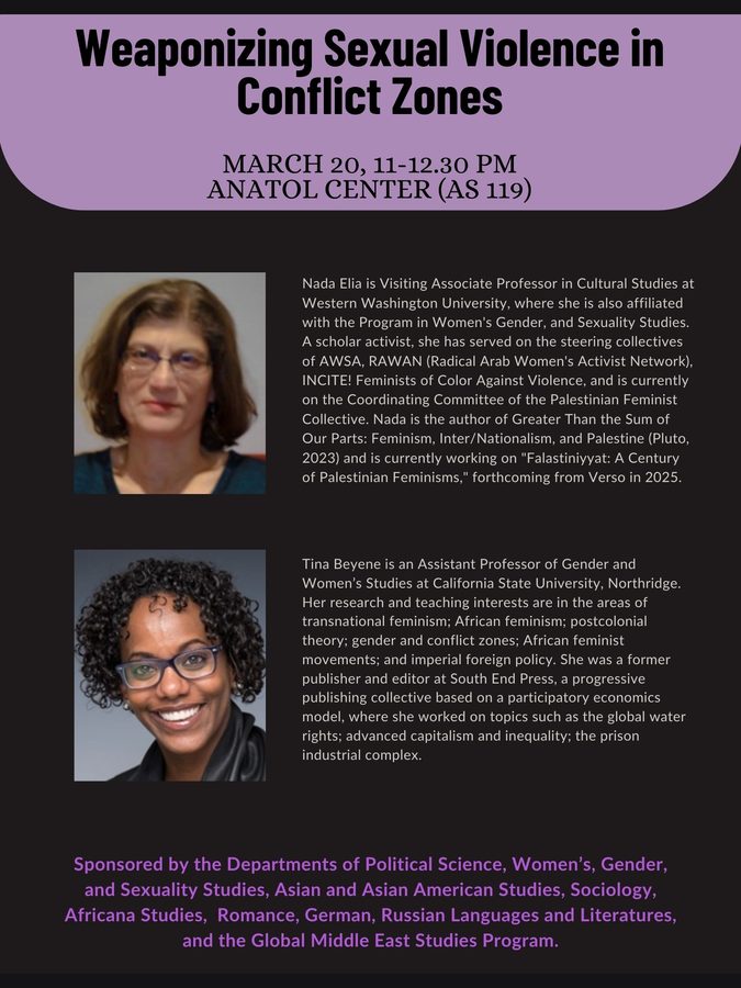 Flyer: &ldquo;Weaponizing Sexual Violence in Conflict Zones&rdquo; with Nada Elia and Tina Beyene, 20 March 2024