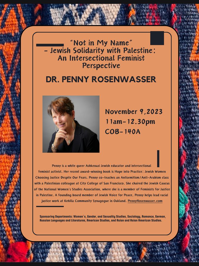 Flyer: &ldquo;Not in My Name&rdquo; &mdash; Jewish Solidarity with Palestine: An Intersectional Feminist Perspective, a talk by Dr. Penny Rosenwasser, 9 November 2023