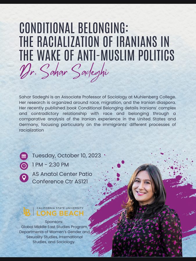 Flyer: &ldquo;Conditional Belonging: The Racialization of Iranians in the Wake of Anti-Muslim Politics&rdquo;, a talk by Dr. Sahar Sadeghi, Muhlenberg College, 10 October 2023