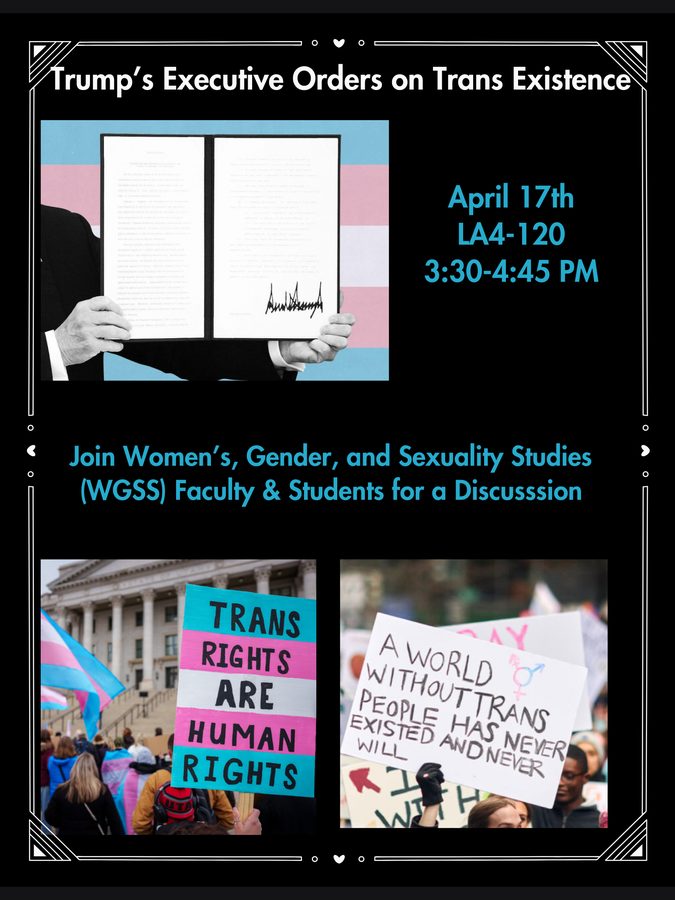 Flyer: &ldquo;Trump&rsquo;s Executive Orders on Trans Existence&rdquo;, a discussion with WGSS faculty and students, 17 April 2025
