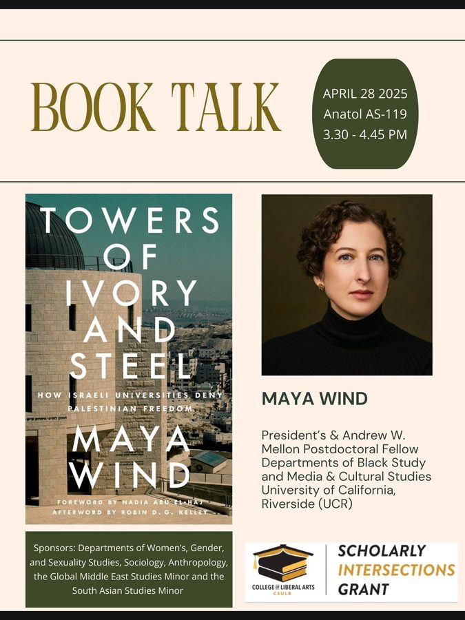 Flyer: book talk on <em>Towers of Ivory and Steel: How Israeli Universities Deny Palestinian Freedom</em> with Maya Wind, UC Riverside, 28 April 2025