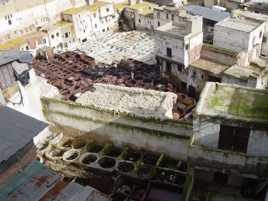 Tanning pits and drying hides packed across rooftops below a hillside town