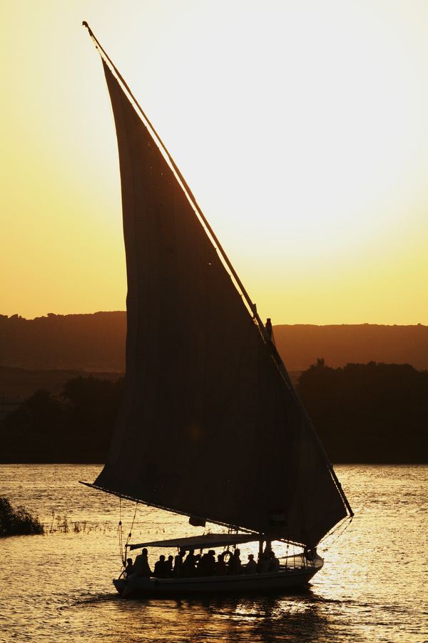 A felucca under full sail at sunset on the Nile